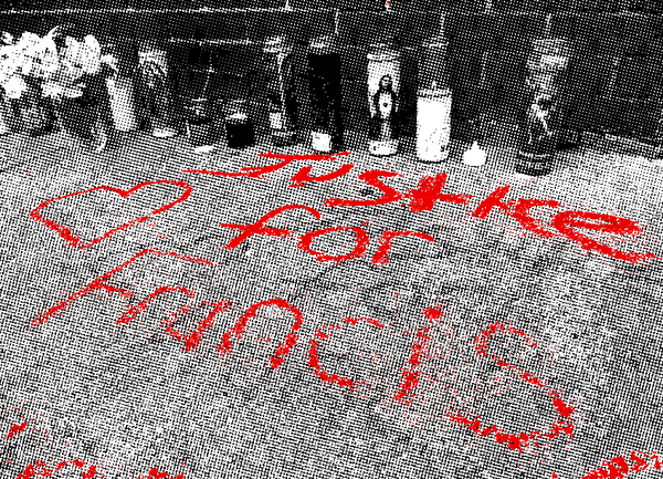 A stylized image of candles, flowers, and other offerings. Chalk writing on the ground reads "Justice for Francis."