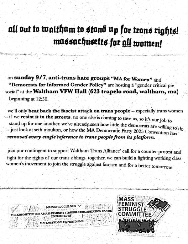 ALL OUT TO WALTHAM TO STAND UP FOR TRANS RIGHTS! MASSACHUSETTS FOR ALL WOMEN!